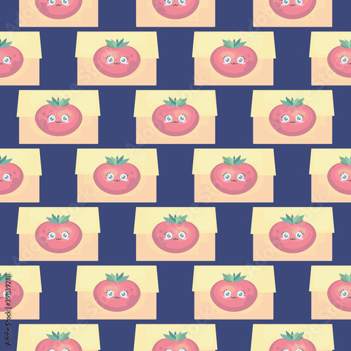 Box of tomatos , seamless pattern on a blue background.