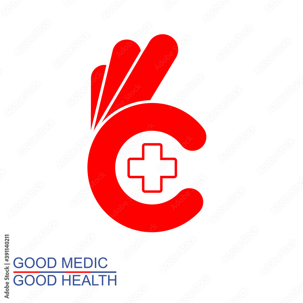 Modern Good Health Medic Logo Template Design. Ok hand symbol with cross. Okey symbol, vector Modern Good Health Medic Logo Template Design. Ok hand symbol with cross. Okey symbol, vector