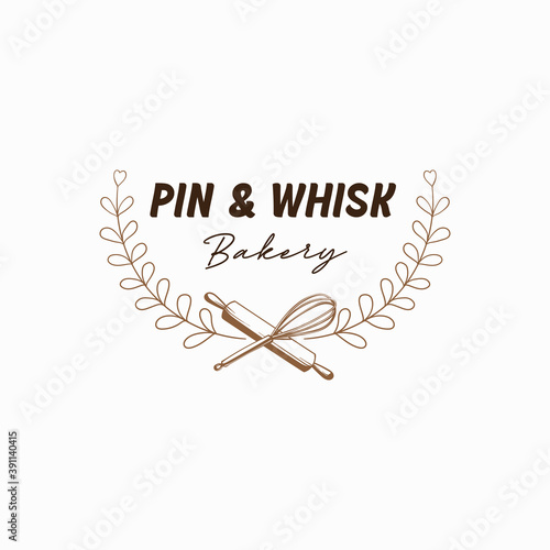 Rolling pin and whisk with wreath hand drawn logo design template