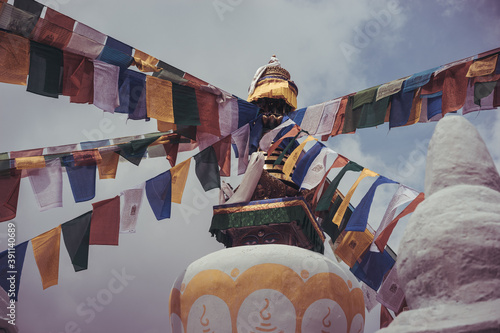 tibetan buddhist prayer flags on a stupa in Namo Buddha monastery in Nepal, spirituality and meditation concept, kora walks and clean karma