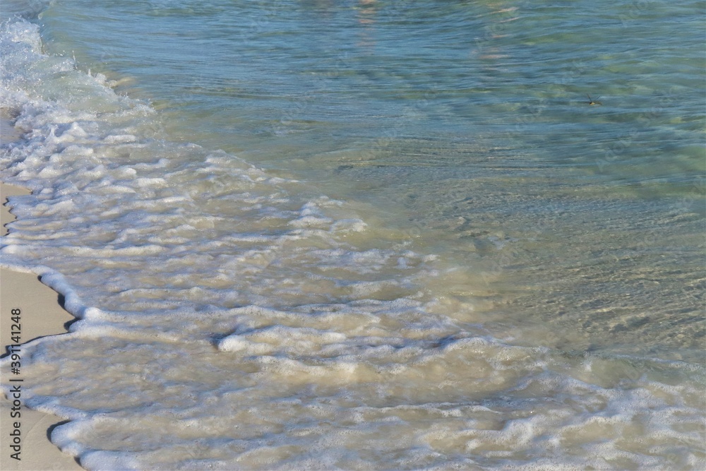 Ocean green wave, white wave foam and wet beach sand, close up Ocean green wave, white wave foam and wet beach sand, close up