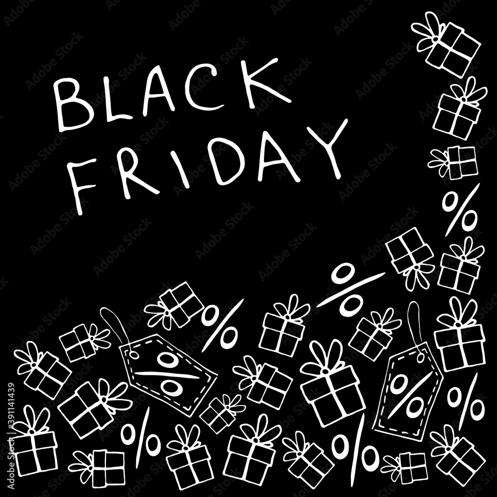 Vector poster, title, frame on theme of black Friday, shopping, discounts and sales. Border made from hand drawn outline gifts, percents, price tags in doodle style Vector poster, title, frame on theme of black Friday, shopping, discounts and sales. Border made from hand drawn outline gifts, percents, price tags in doodle style