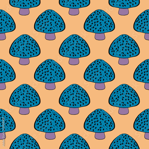 Blue mushrooom , seamless pattern on a yellow background. photo