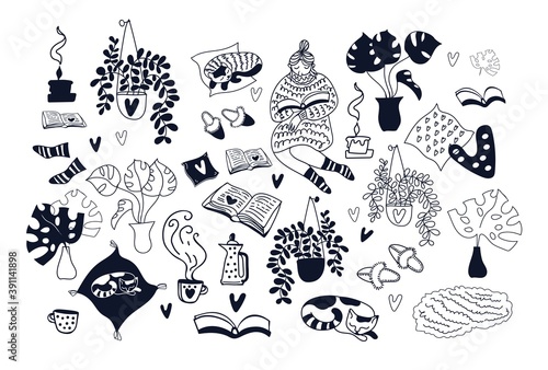Vector set of hand-drawn doodle cozy home activities, hobbies, reading books, tea drinking, indoor plants, hygge mood. Outline drawing isolated on white background. Stay home.