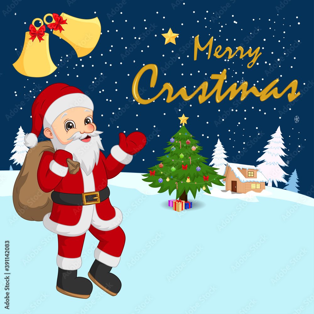 Fototapeta premium Christmas greeting card with Santa Claus and Christmas tree