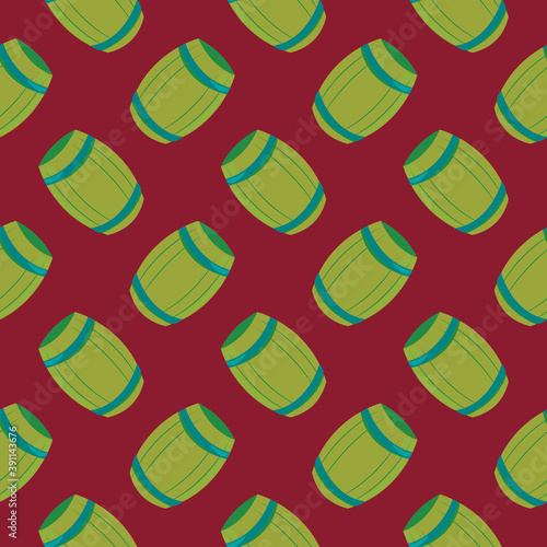 Green barrel , seamless pattern on a red background.