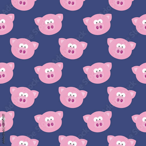 Pig head , seamless pattern on a blue background.