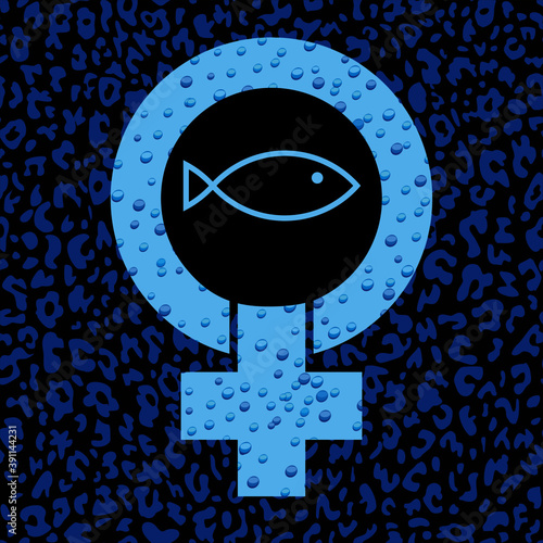 Schematic drawing of a cross, circle and a fish. Symbol of the feminist struggle. Symbol of early Christianity.