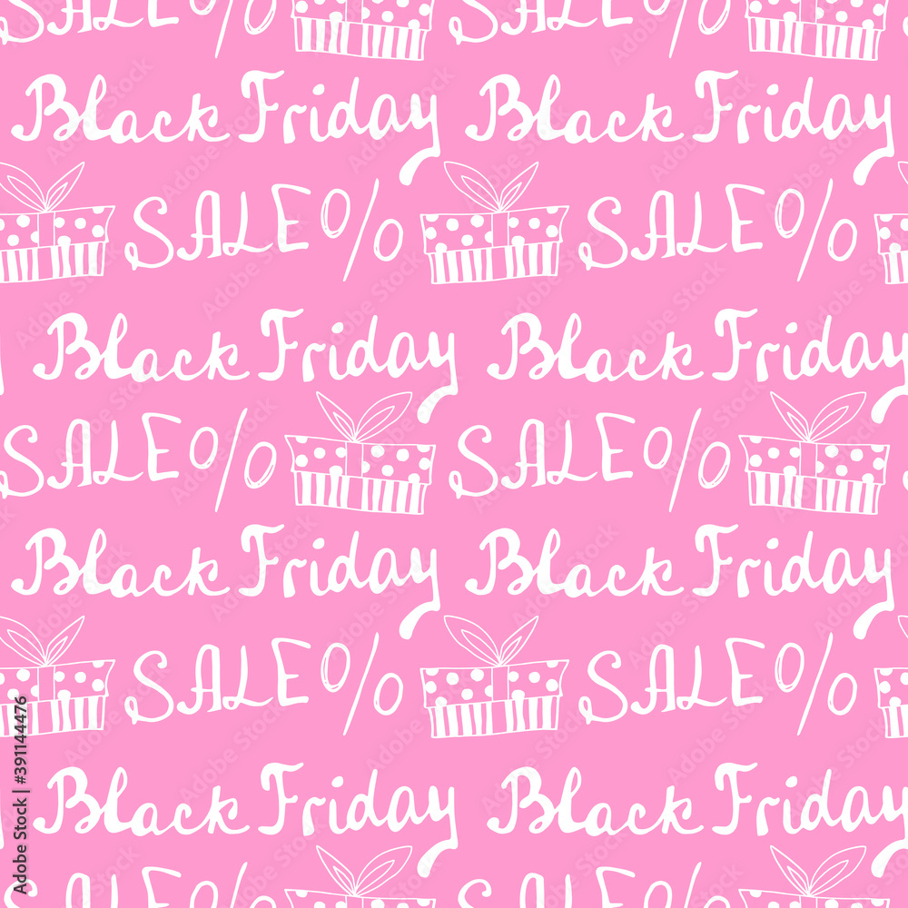 Vector seamless pattern with inscription Sale, gifts and percent signs. Hand drawn background and texture on theme of Black Friday, discounts, commercial and special offers. Handwritten backdrop
