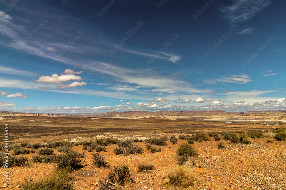 Distant hills and beautiful cloudscape on the desert, Wahweap lookout, Page, AZ