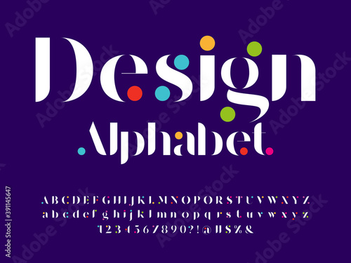 Modern serif alphabet design with uppercase, lowercase, numbers and symbol