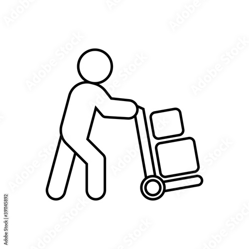 Vector Delivery man pushing hand truck icon, cargo trolley symbol on isolated white background for UI/UX and website.