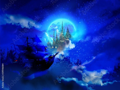 Wallpaper of Pirate ship and beautiful castle’s silhouette in starry cloudscape