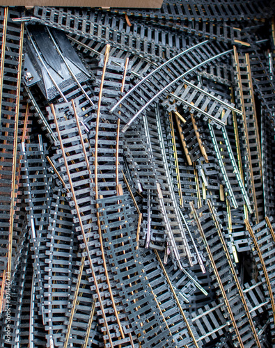 box of old train tracks for a model railroad photo