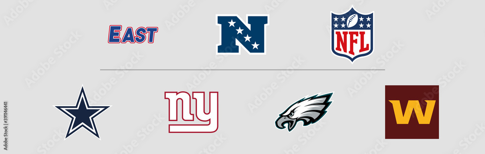 NFL National Football Conference East Division logos. Vector, transparent.  Stock Vector