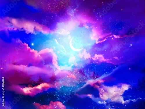Landscape of crescent moon with purple clouds in creepy starry night