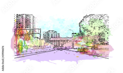 Building view with landmark of Chongqing is a sprawling municipality in southwestern China. Watercolor splash with hand drawn sketch illustration in vector.