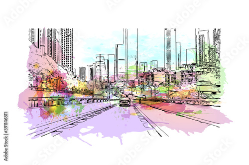 Building view with landmark of Chongqing is a sprawling municipality in southwestern China. Watercolor splash with hand drawn sketch illustration in vector.