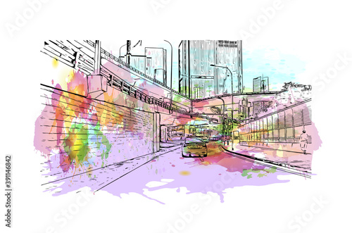 Building view with landmark of Chongqing is a sprawling municipality in southwestern China. Watercolor splash with hand drawn sketch illustration in vector.