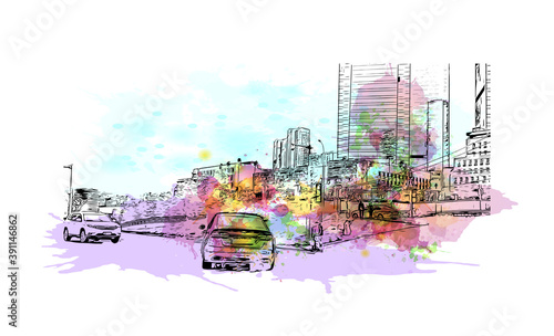 Building view with landmark of Chongqing is a sprawling municipality in southwestern China. Watercolor splash with hand drawn sketch illustration in vector.