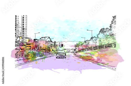 Building view with landmark of Chongqing is a sprawling municipality in southwestern China. Watercolor splash with hand drawn sketch illustration in vector.