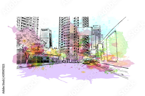 Building view with landmark of Chongqing is a sprawling municipality in southwestern China. Watercolor splash with hand drawn sketch illustration in vector.