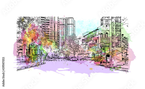 Building view with landmark of Chongqing is a sprawling municipality in southwestern China. Watercolor splash with hand drawn sketch illustration in vector.