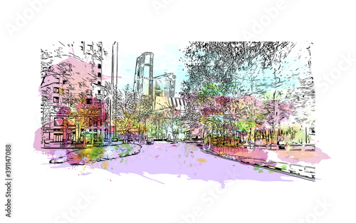 Building view with landmark of Chongqing is a sprawling municipality in southwestern China. Watercolor splash with hand drawn sketch illustration in vector.