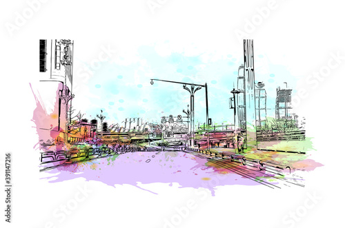 Building view with landmark of Chongqing is a sprawling municipality in southwestern China. Watercolor splash with hand drawn sketch illustration in vector.