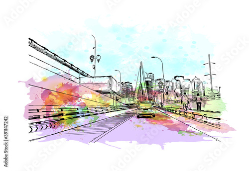 Building view with landmark of Chongqing is a sprawling municipality in southwestern China. Watercolor splash with hand drawn sketch illustration in vector.