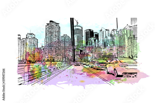 Building view with landmark of Chongqing is a sprawling municipality in southwestern China. Watercolor splash with hand drawn sketch illustration in vector.