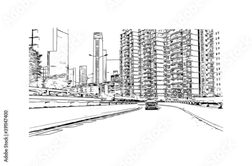 Building view with landmark of Chongqing is a sprawling municipality in southwestern China. Hand drawn sketch illustration in vector.