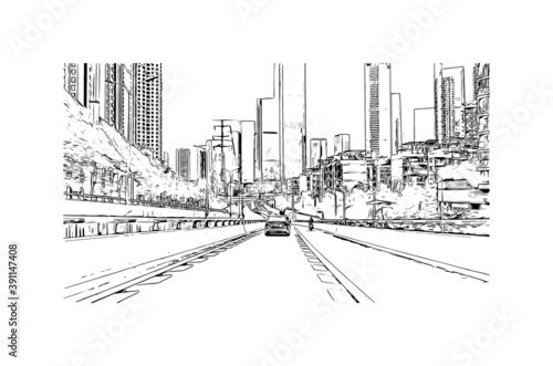 Building view with landmark of Chongqing is a sprawling municipality in southwestern China. Hand drawn sketch illustration in vector.