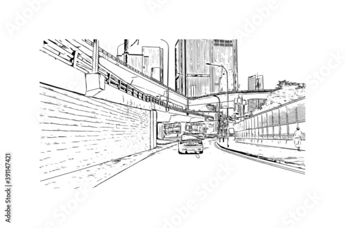 Building view with landmark of Chongqing is a sprawling municipality in southwestern China. Hand drawn sketch illustration in vector.