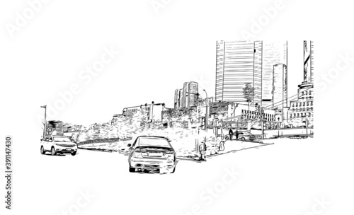 Building view with landmark of Chongqing is a sprawling municipality in southwestern China. Hand drawn sketch illustration in vector.
