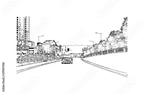 Building view with landmark of Chongqing is a sprawling municipality in southwestern China. Hand drawn sketch illustration in vector.