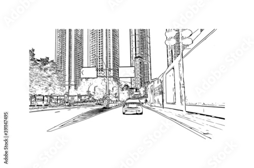 Building view with landmark of Chongqing is a sprawling municipality in southwestern China. Hand drawn sketch illustration in vector.