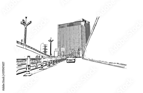 Building view with landmark of Chongqing is a sprawling municipality in southwestern China. Hand drawn sketch illustration in vector.