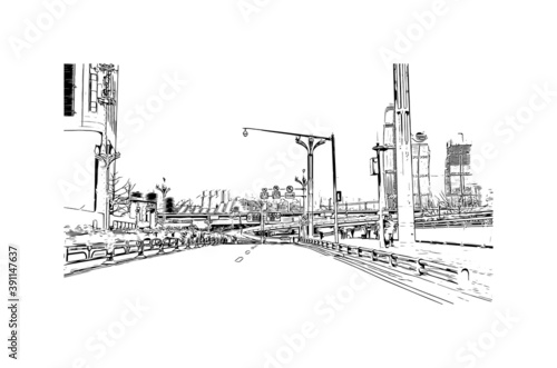 Building view with landmark of Chongqing is a sprawling municipality in southwestern China. Hand drawn sketch illustration in vector.