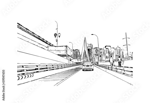 Building view with landmark of Chongqing is a sprawling municipality in southwestern China. Hand drawn sketch illustration in vector.