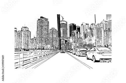 Building view with landmark of Chongqing is a sprawling municipality in southwestern China. Hand drawn sketch illustration in vector.