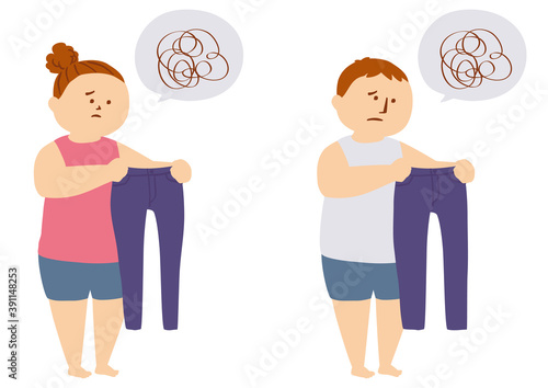 服のサイズが合わなくてがっかりする人物のイラスト