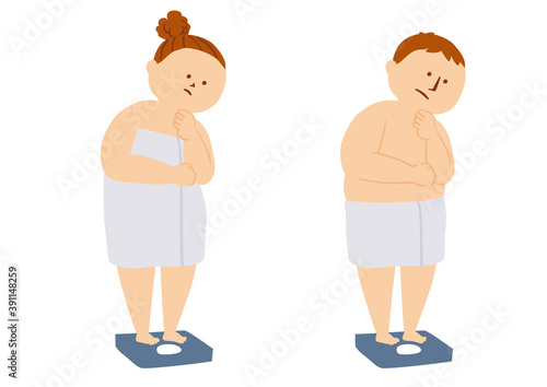 体重を測るふくよかな体型の人物のイラスト