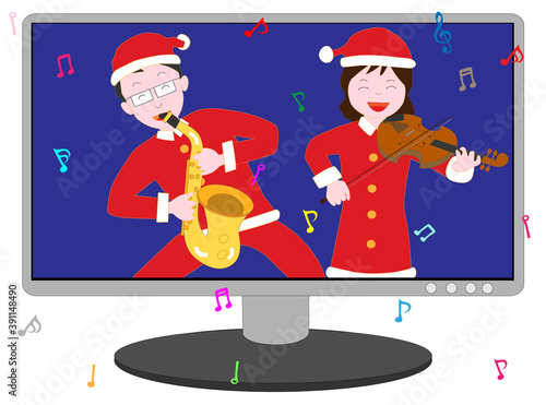 オンラインでクリスマスコンサートをしているカップル。