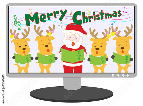 オンラインでクリスマスコンサートをしているサンタクロースとトナカイ。