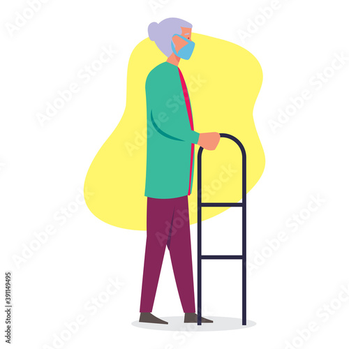 an old lady walking with walking frame vector illustration in flat style