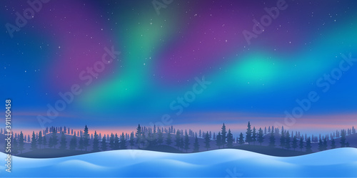 Fantasy on the theme of the northern landscape. Dusk and polar lights. Forest and sunset light. Vector illustration, EPS10.