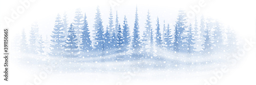 Winter forest, blizzard. Vector illustration, vignette.