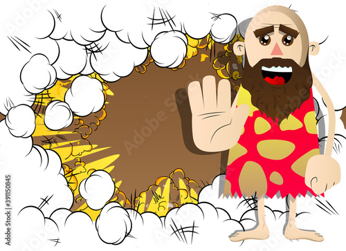 Cartoon caveman showing deny or refuse hand gesture. Vector illustration of a man from the stone age.
