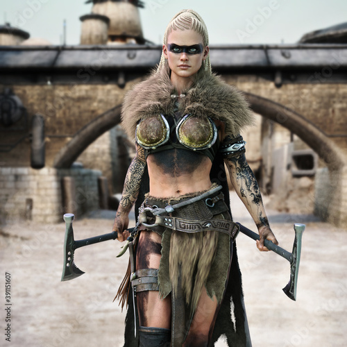 Valokuva Portrait of a tattooed desert raider female with braided blonde hair and armed with two custom salvaged hammer blades with a frontier outpost background